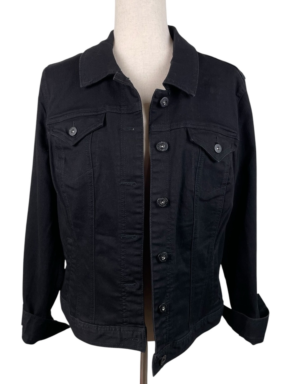 Style and Co Denim Women's Black Jean Jacket Size Large Stretch Classic Casual